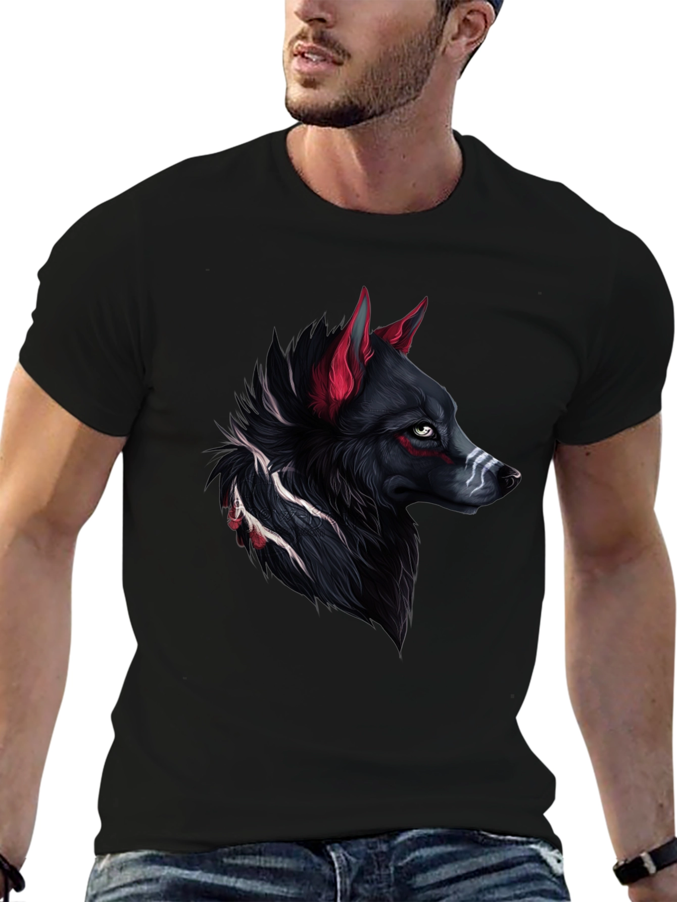 Camiseta Negra con Diseño de Lobo Tribal