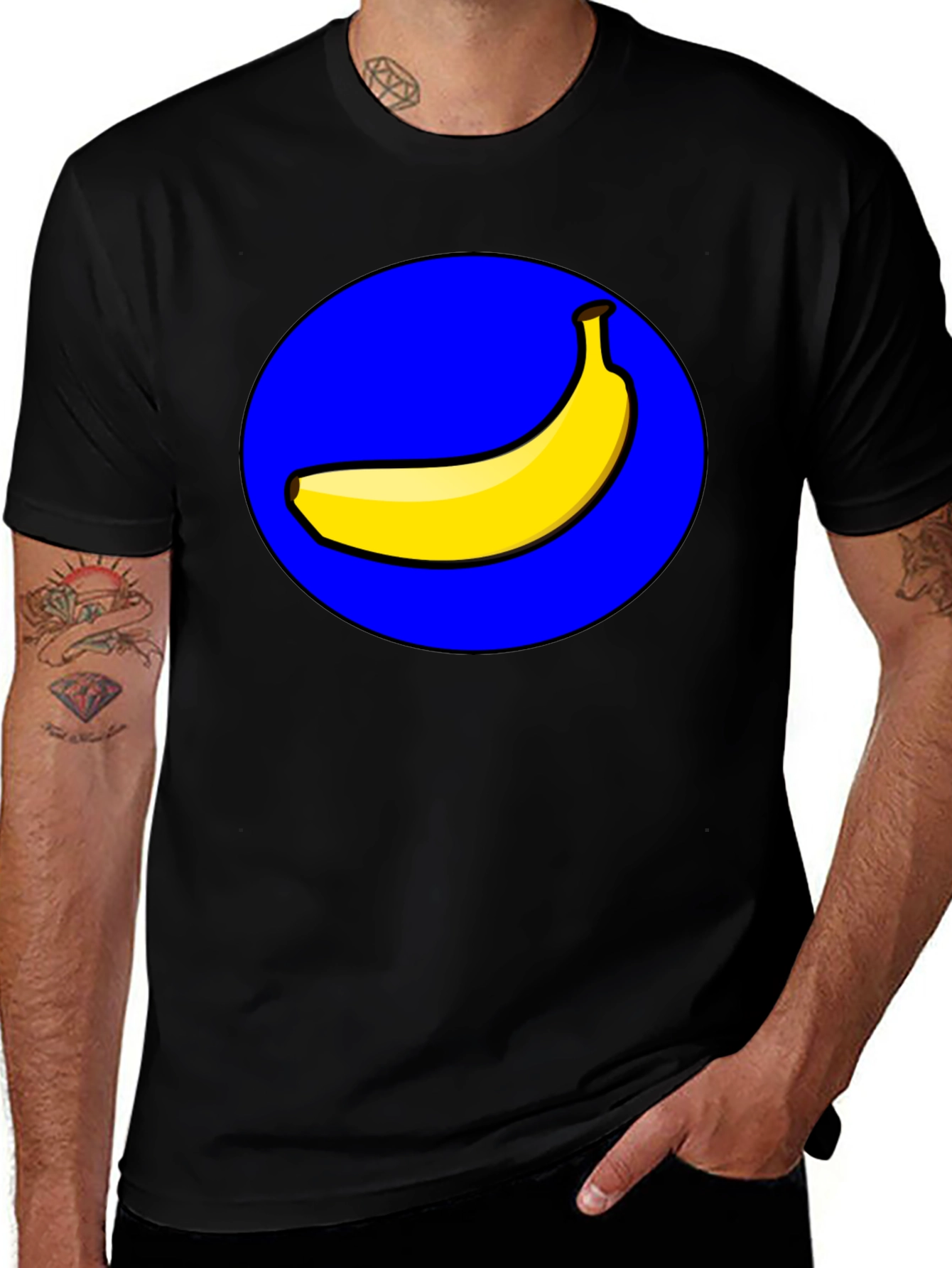 Camiseta Negra Hombre: Diseño Banana en Círculo Azul