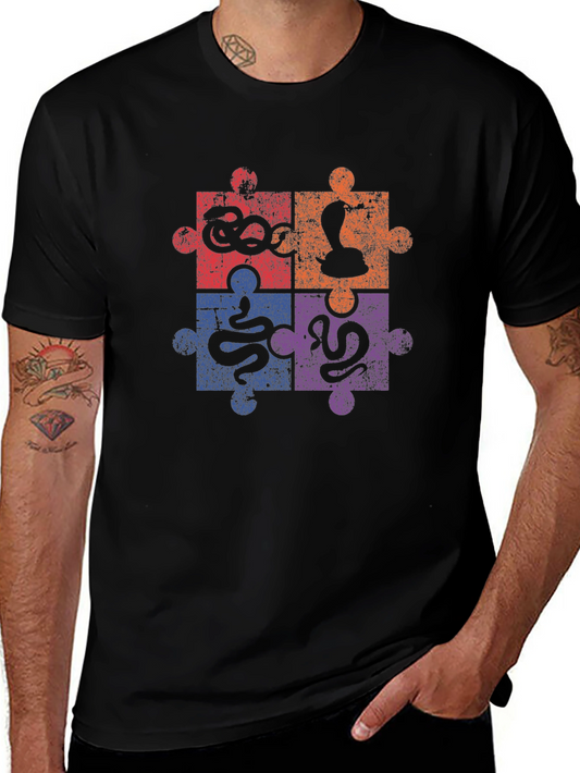 Camiseta Negra con Diseño de Rompecabezas de Serpientes