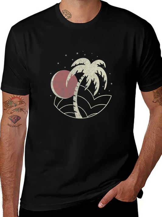 Camiseta Negra Estampada con Diseño Tropical Retro
