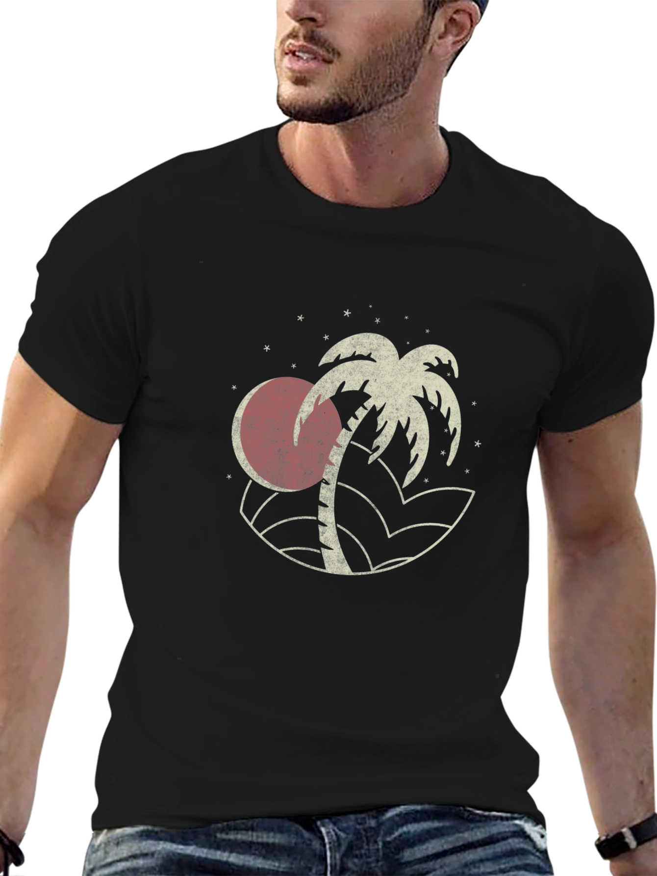 Camiseta Negra Estampada con Diseño Tropical Retro
