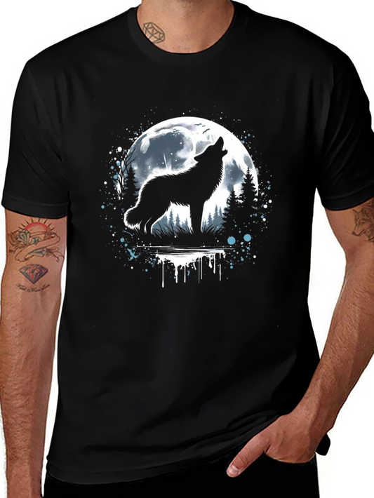 Camiseta Hombre Lobo Aullando Luna Llena Negra