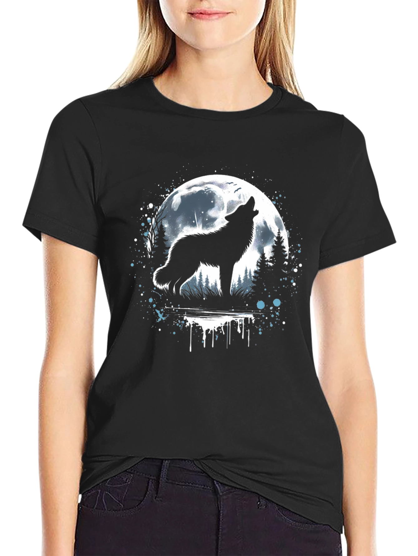 Camiseta Hombre Lobo Aullando Luna Llena Negra