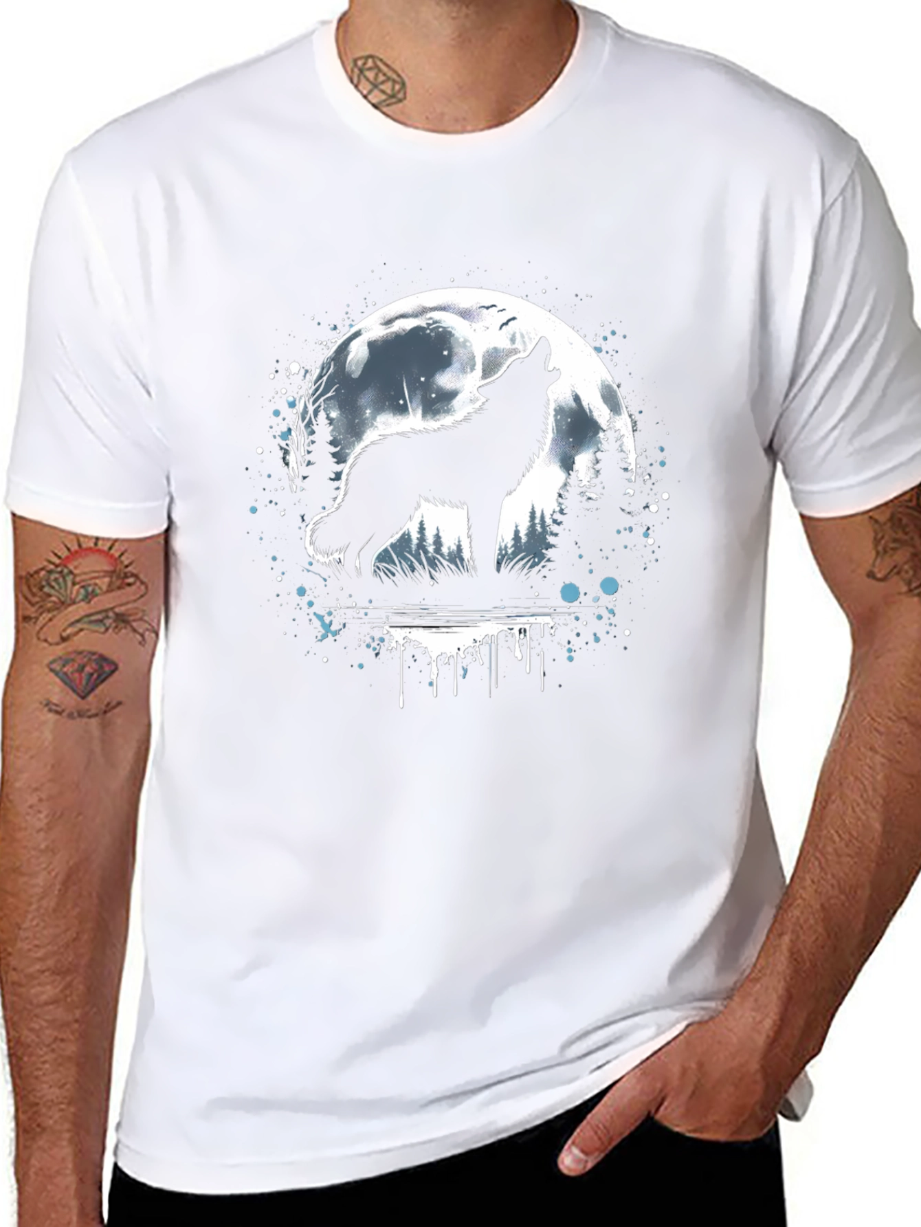 Camiseta Hombre Lobo Aullando Luna Llena Negra