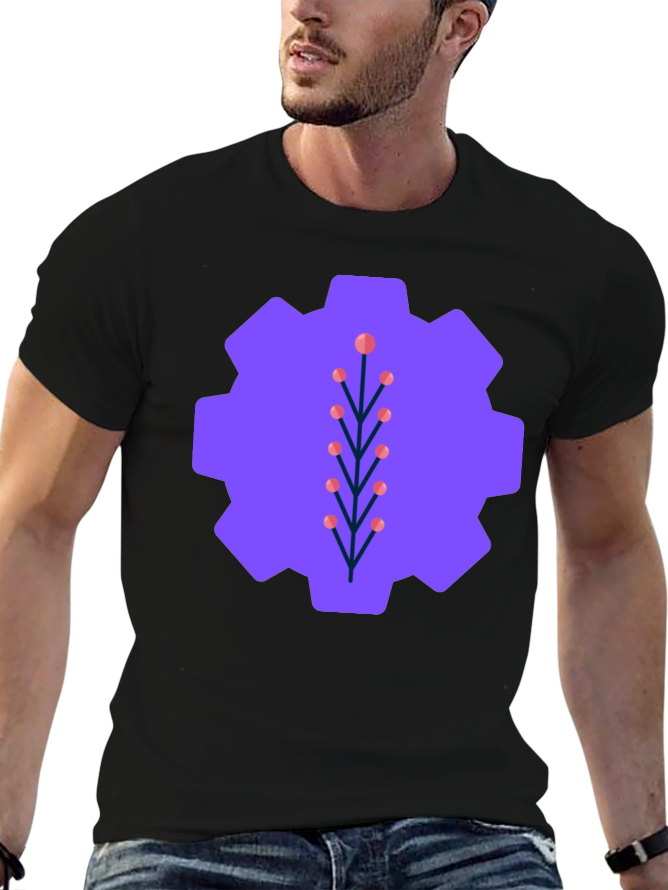 Camiseta Negra con Diseño de Engranaje Floral