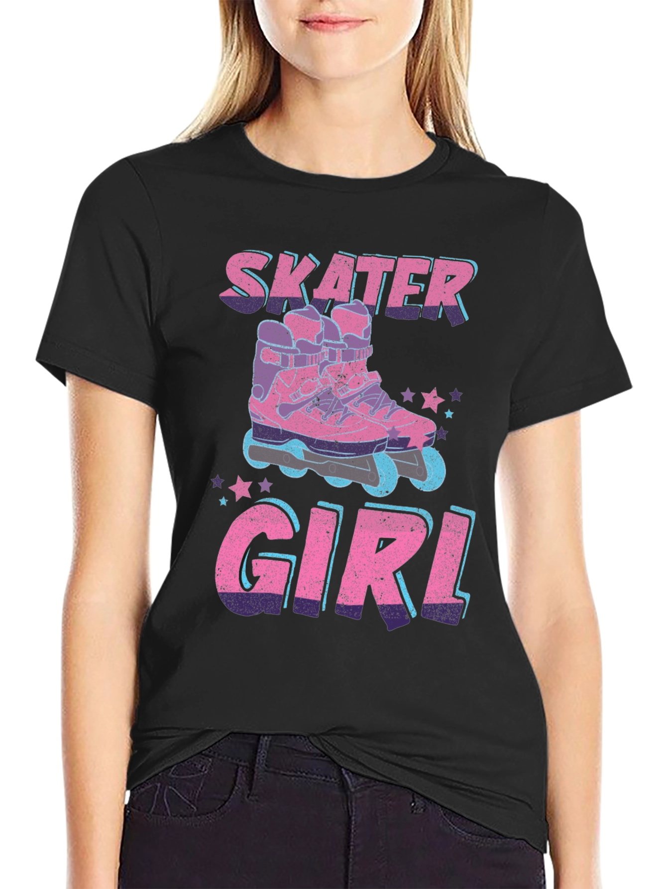 Camiseta Negra Skater Girl Patines Retro
