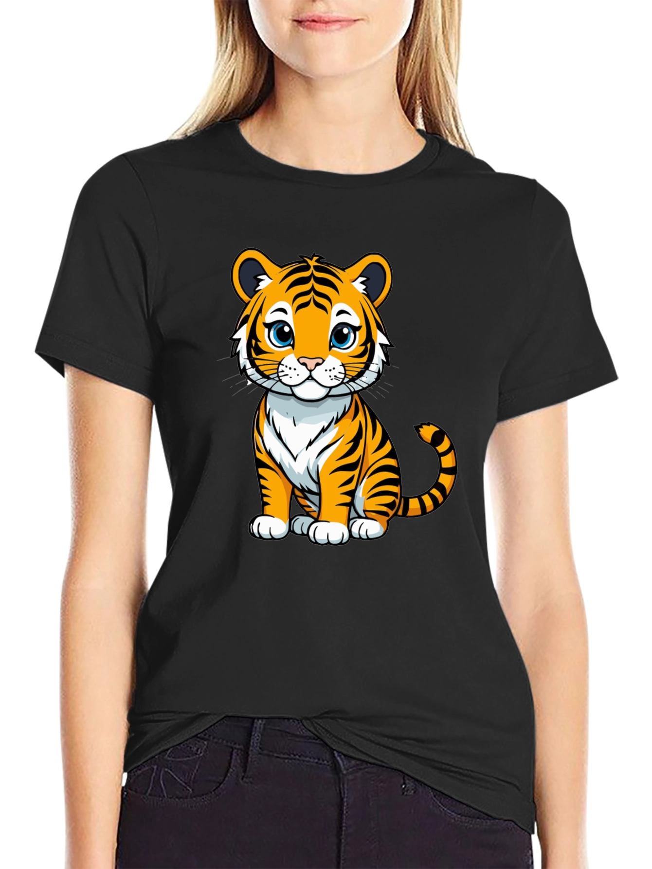 Camiseta Negra con Diseño de Tigre Kawaii