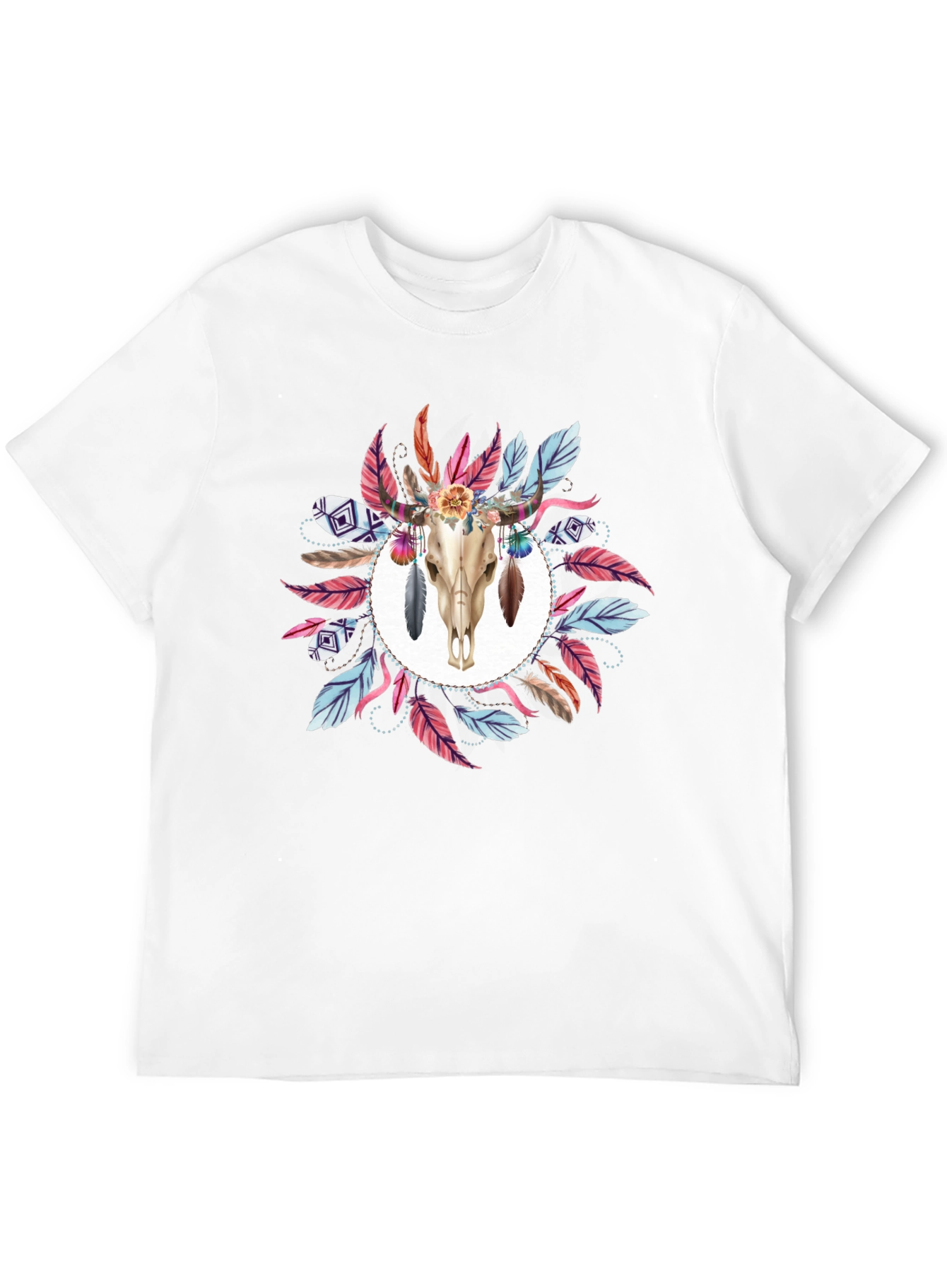 Camiseta Negra con Diseño de Cráneo y Plumas