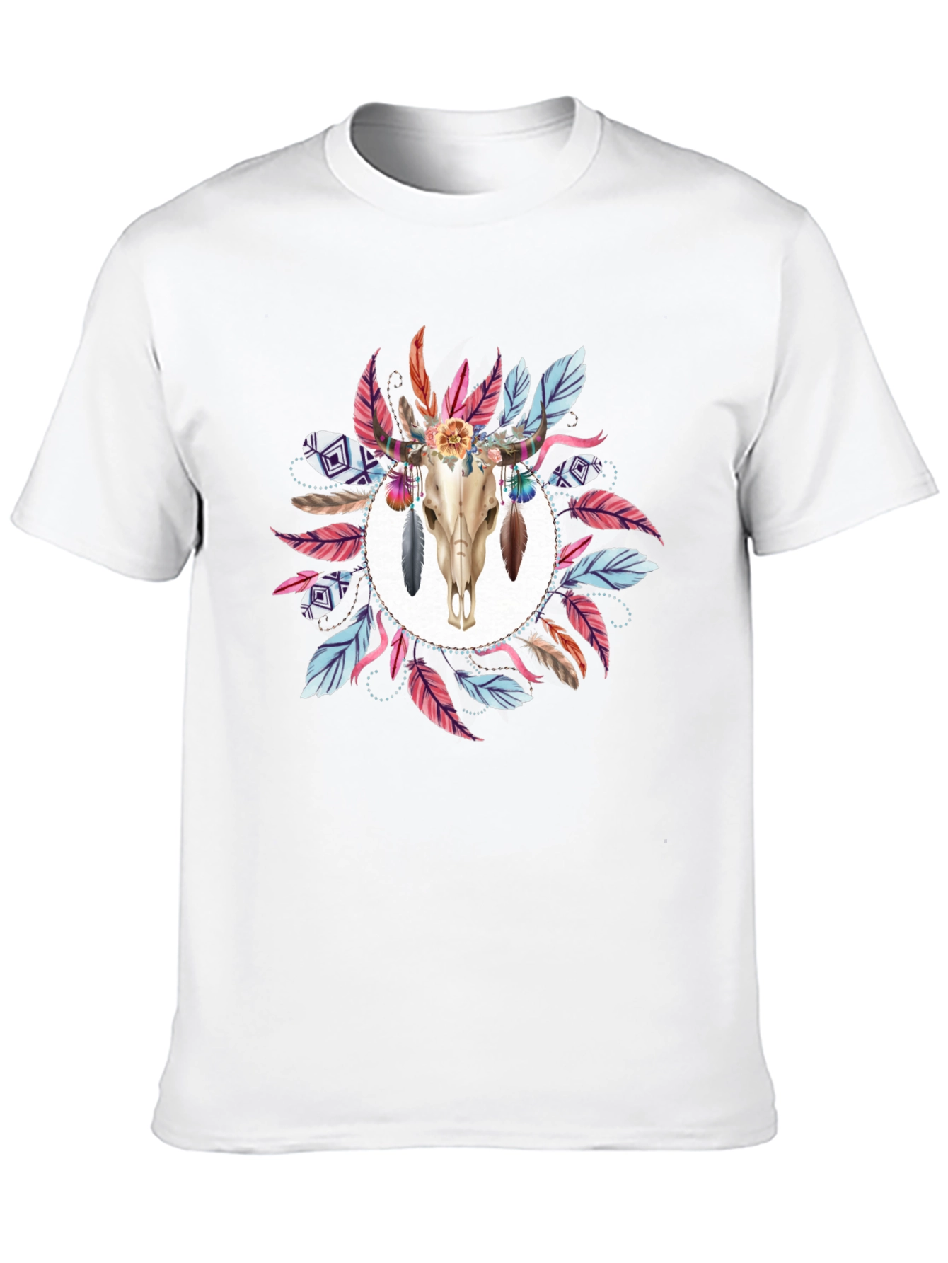 Camiseta Negra con Diseño de Cráneo y Plumas