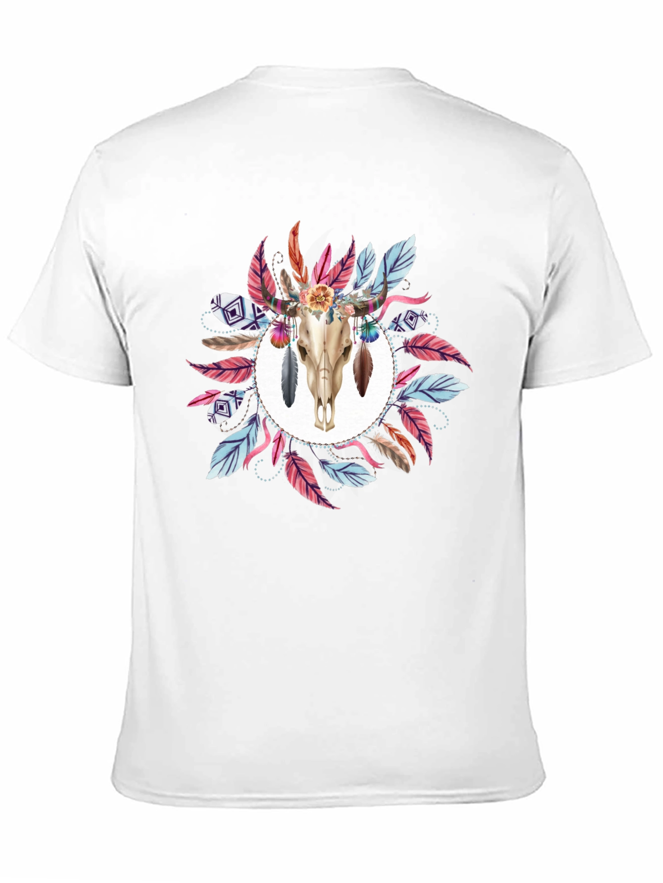 Camiseta Negra con Diseño de Cráneo y Plumas