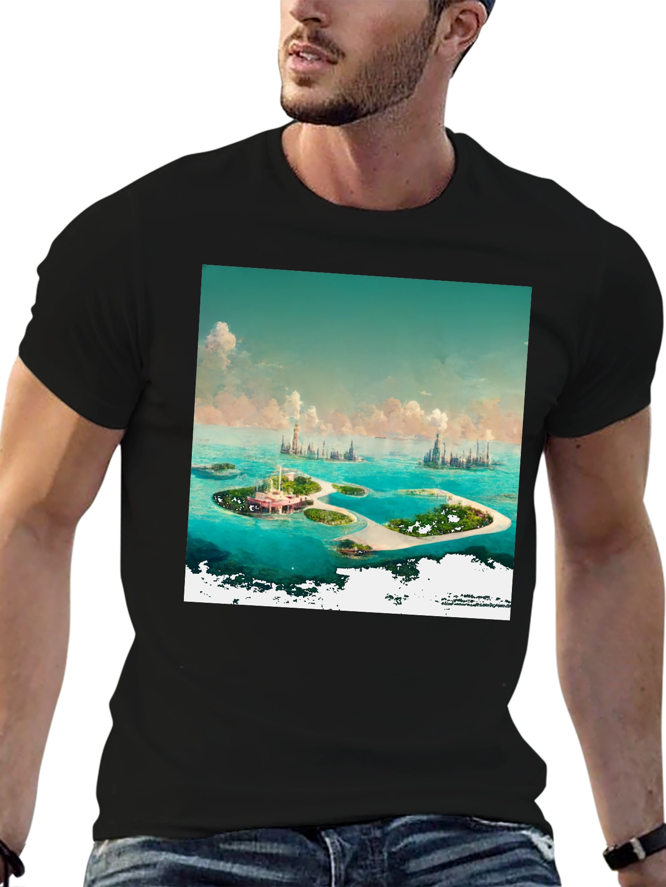 Camiseta Negra con Diseño de Islas Tropicales