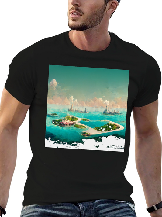 Camiseta Negra con Diseño de Islas Tropicales