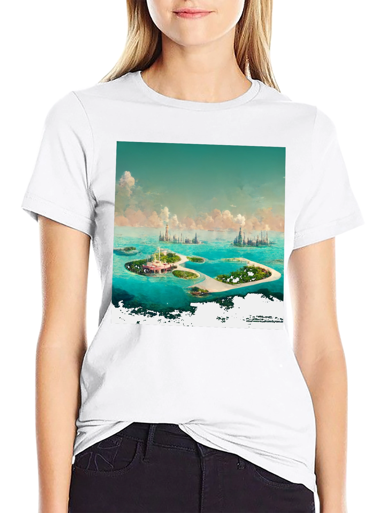 Camiseta Negra con Diseño de Islas Tropicales