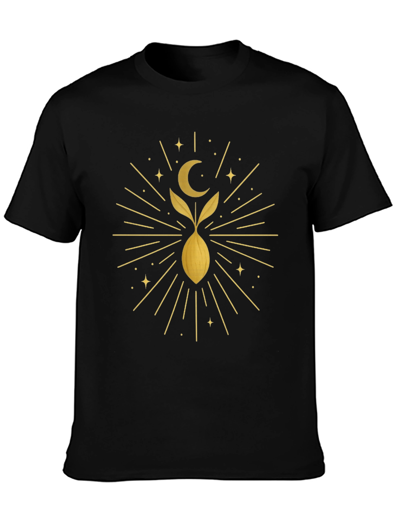 Camiseta Negra con Diseño Místico Dorado