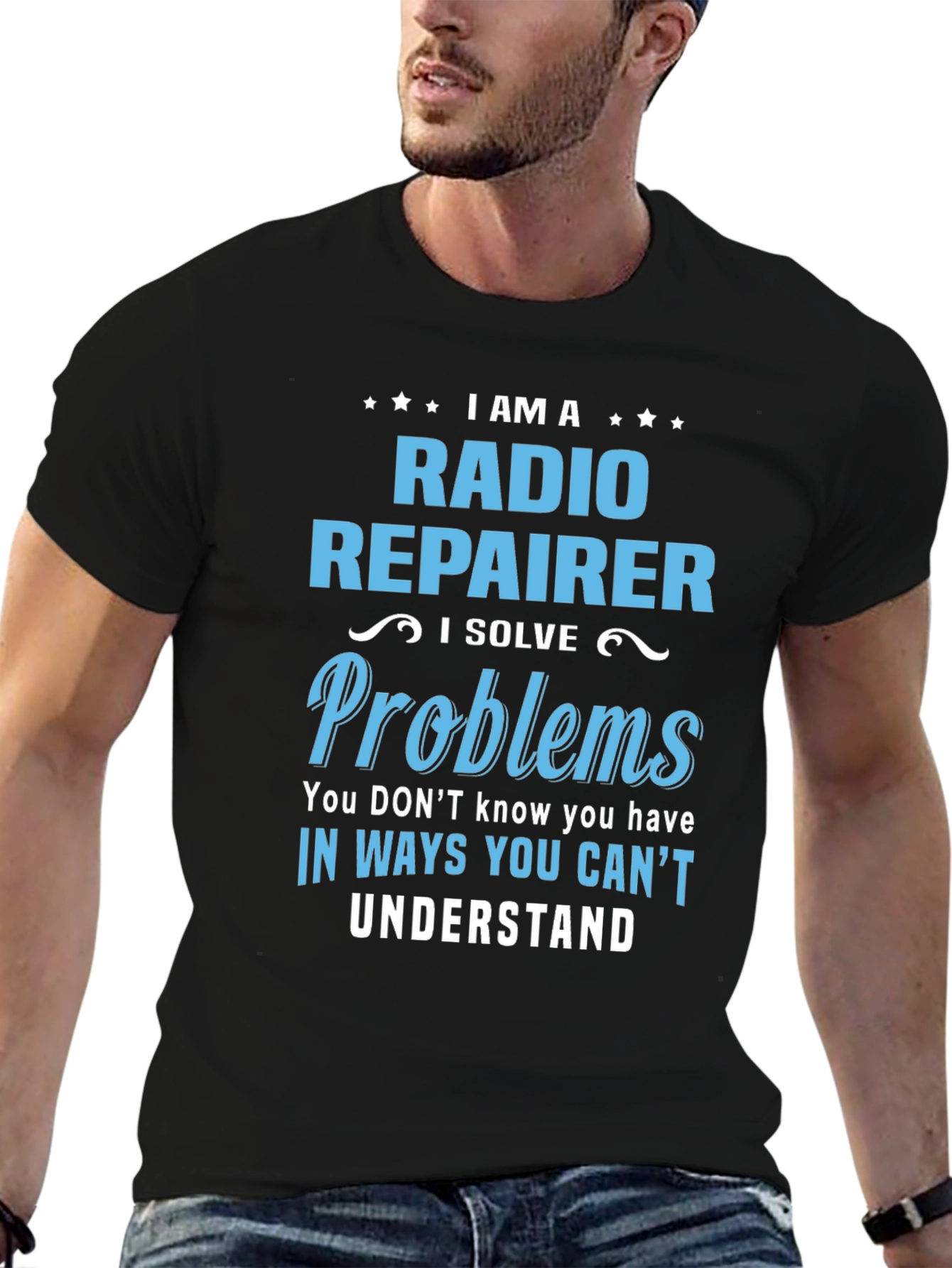 Camiseta Negra con Diseño de Reparador de Radio
