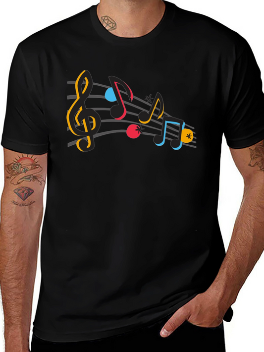 Camiseta Negra con Diseño de Notas Musicales Coloridas