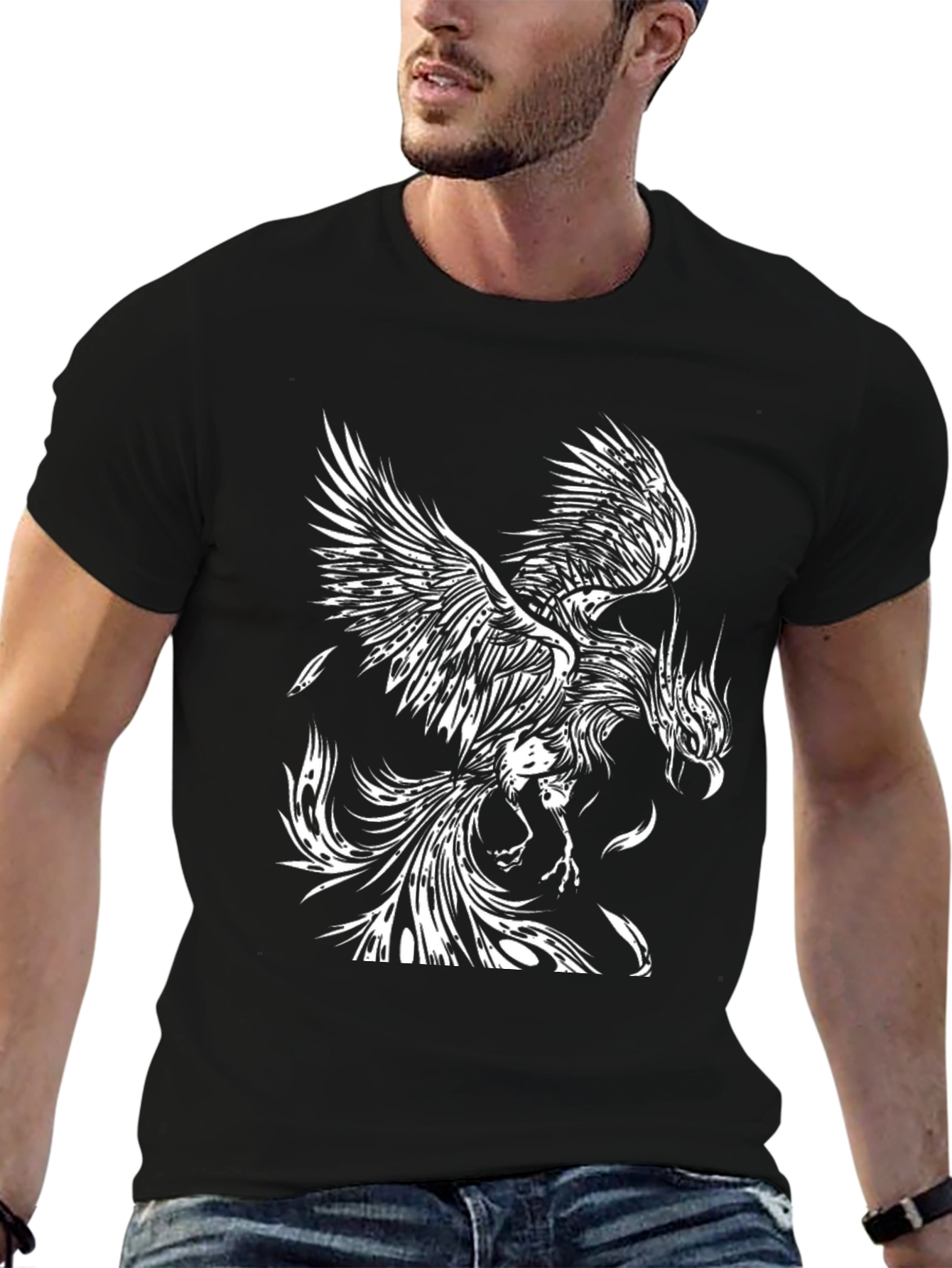 Camiseta Negra con Diseño de Fénix Blanco