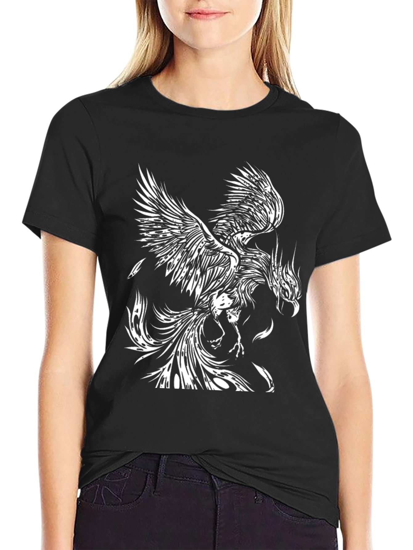 Camiseta Negra con Diseño de Fénix Blanco