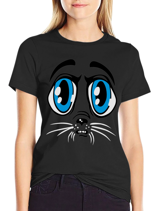 Camiseta Negra Estampado Cara de Gato Triste