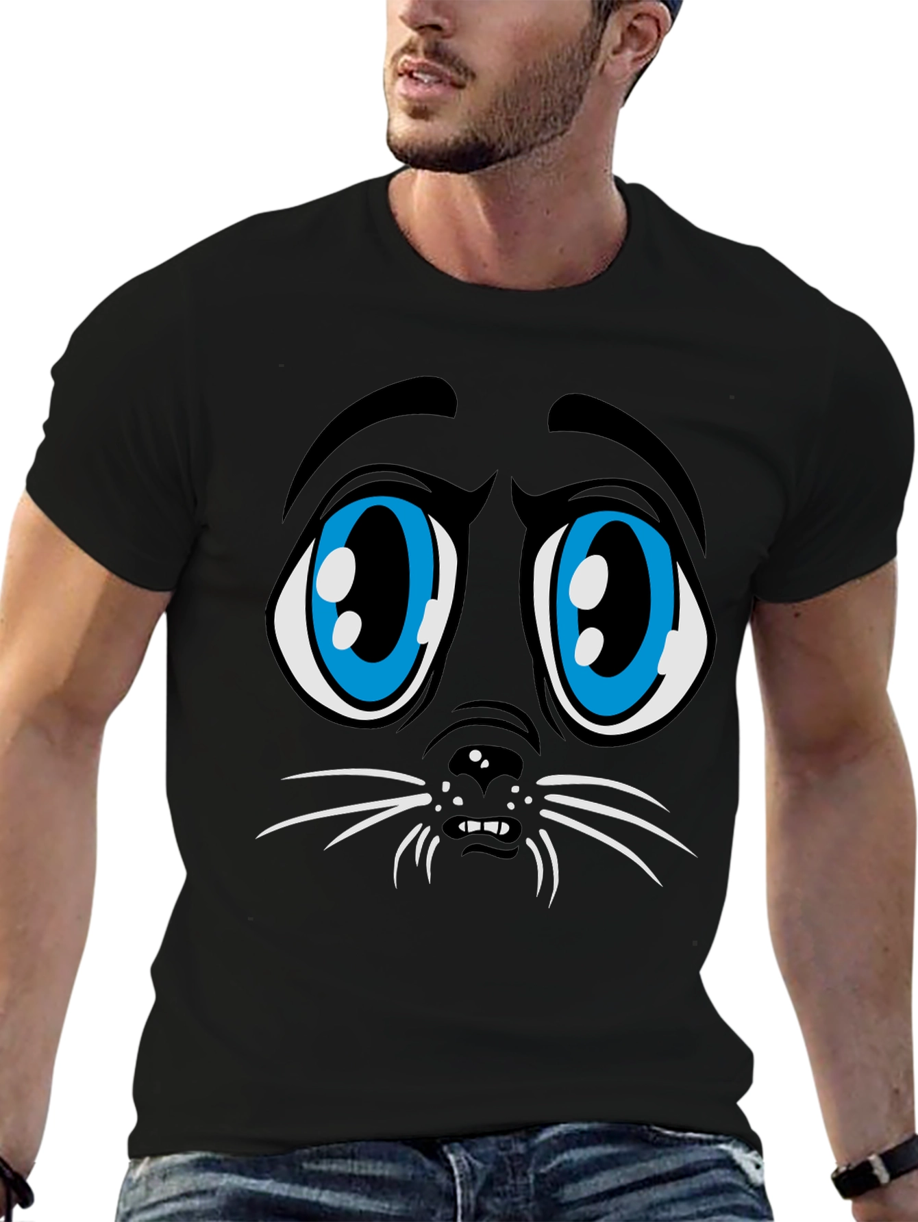Camiseta Negra Estampado Cara de Gato Triste