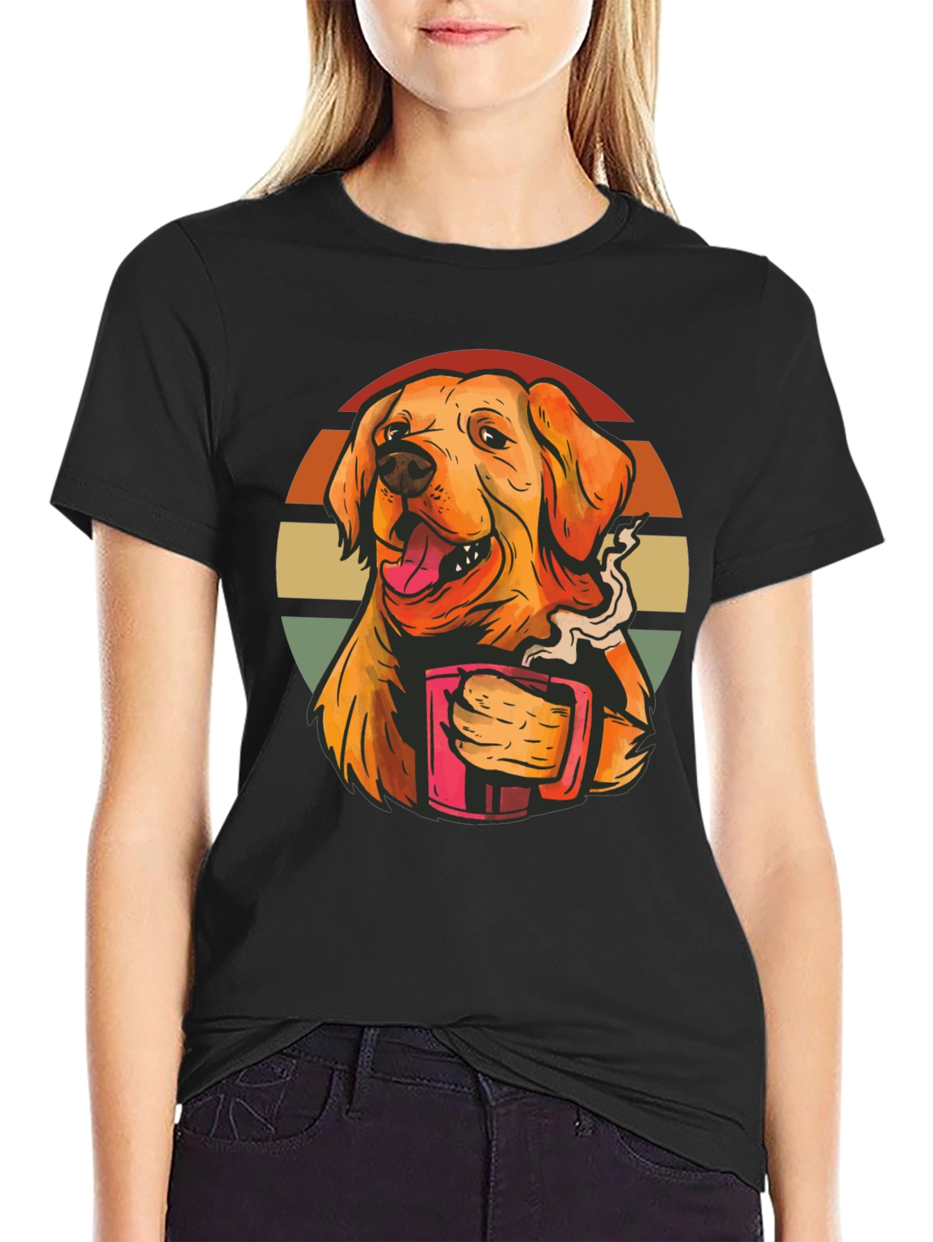 Camiseta Negra con Diseño de Perro y Café