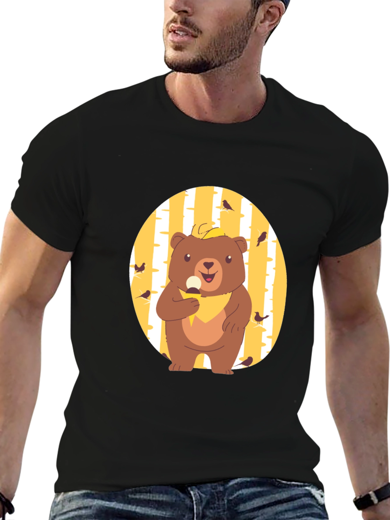 Camiseta Negra con Diseño de Oso Comiendo Helado