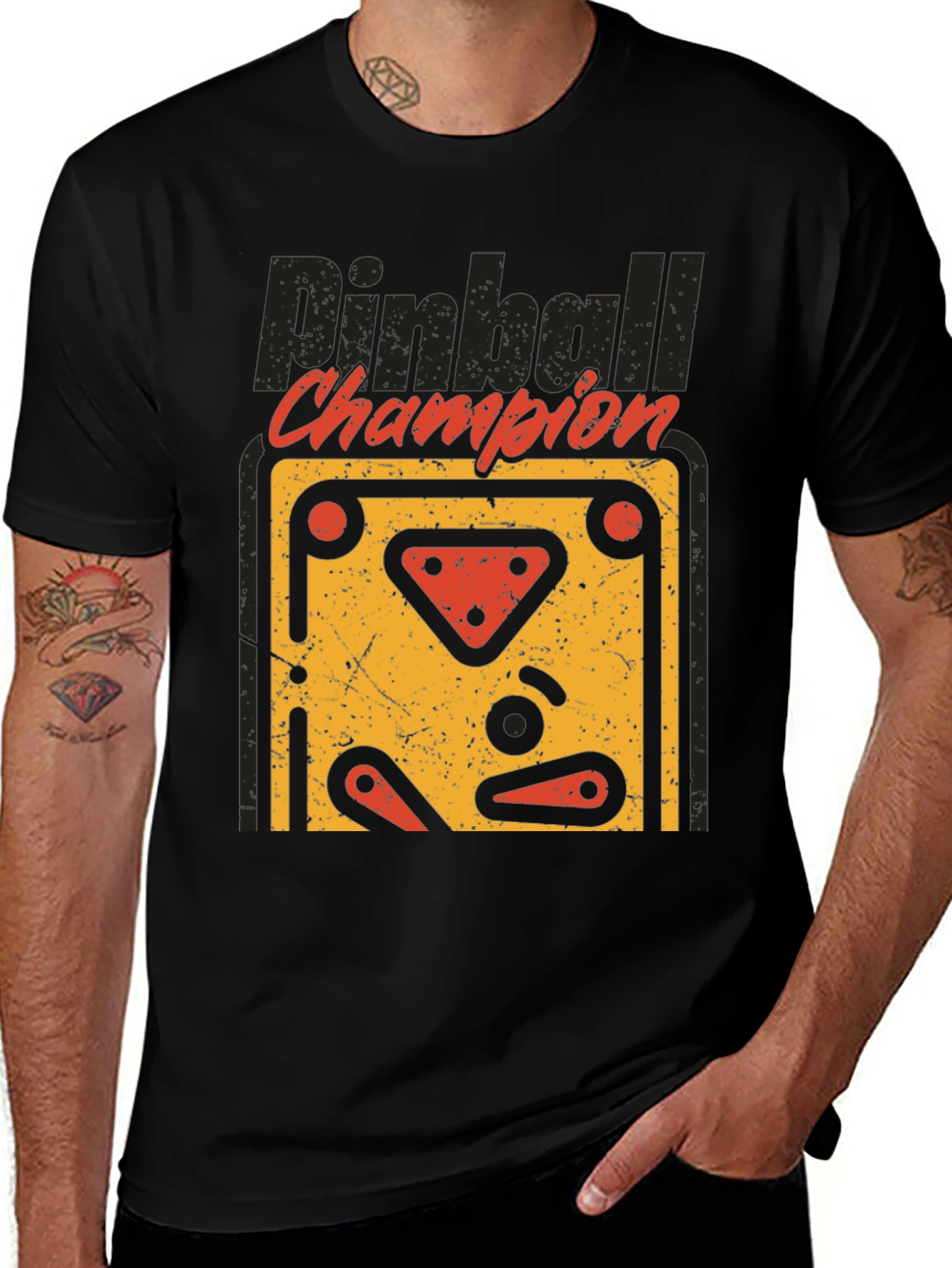 Camiseta Negra Pinball Champion Estilo Retro