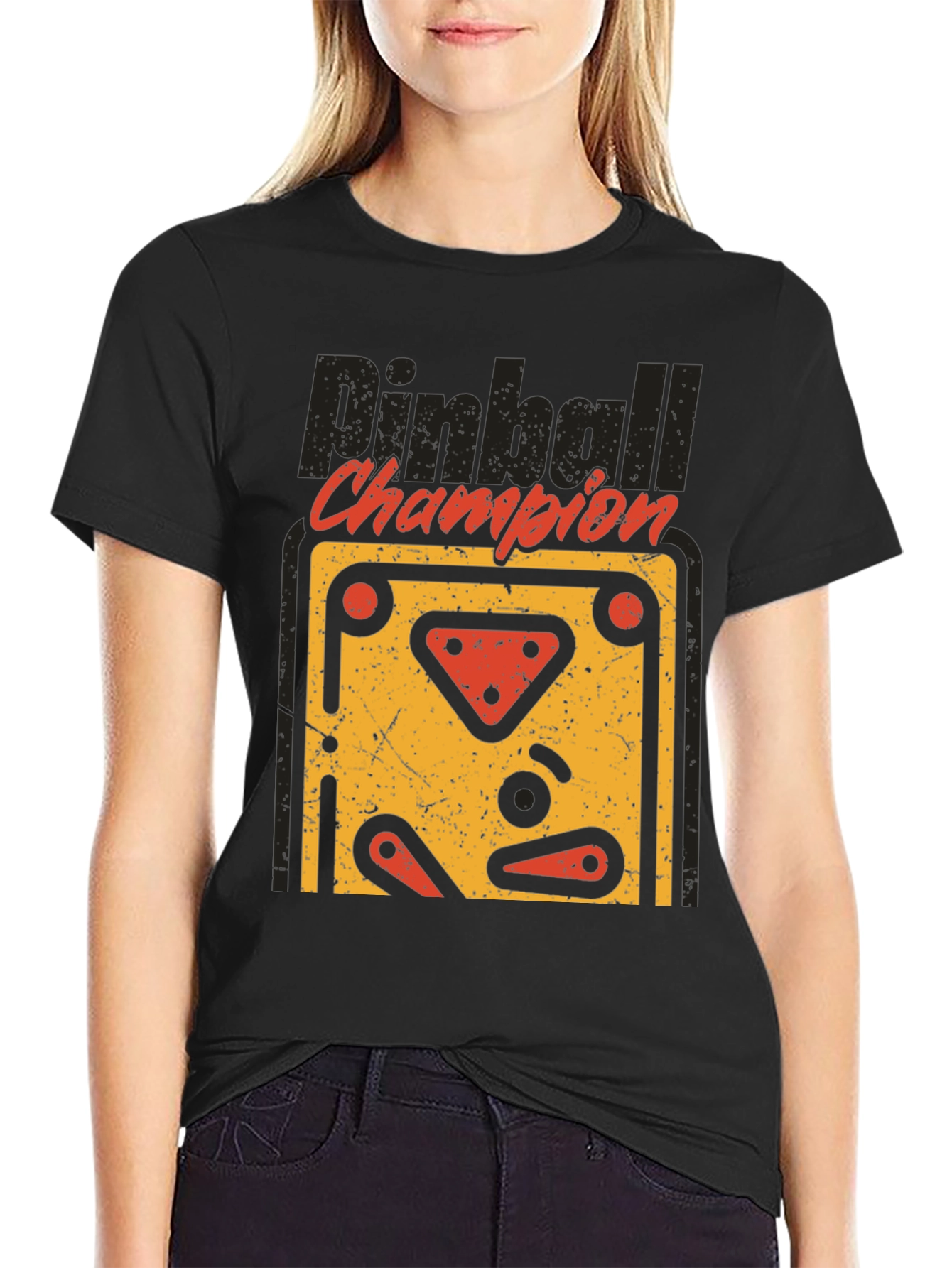 Camiseta Negra Pinball Champion Estilo Retro