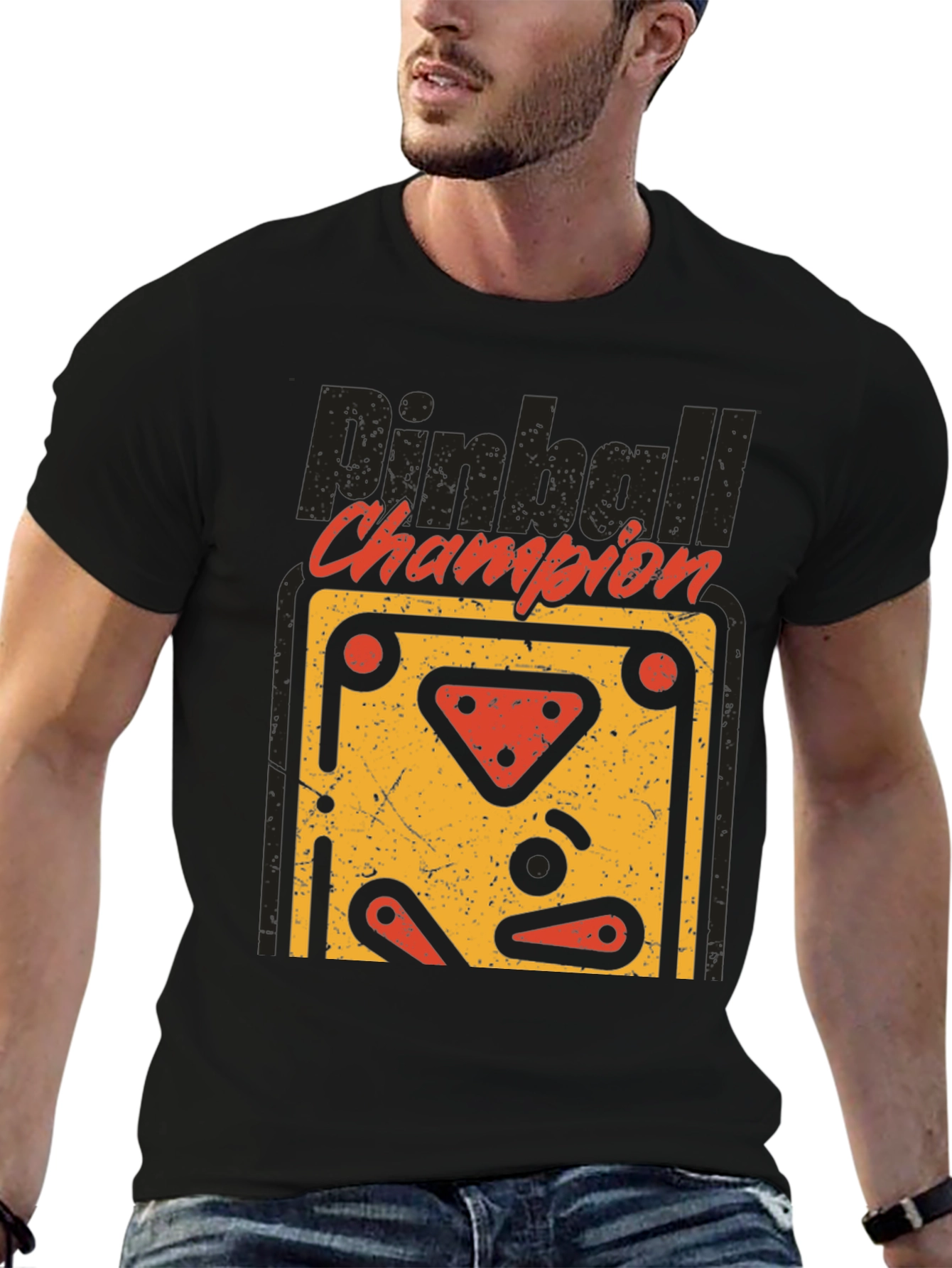Camiseta Negra Pinball Champion Estilo Retro