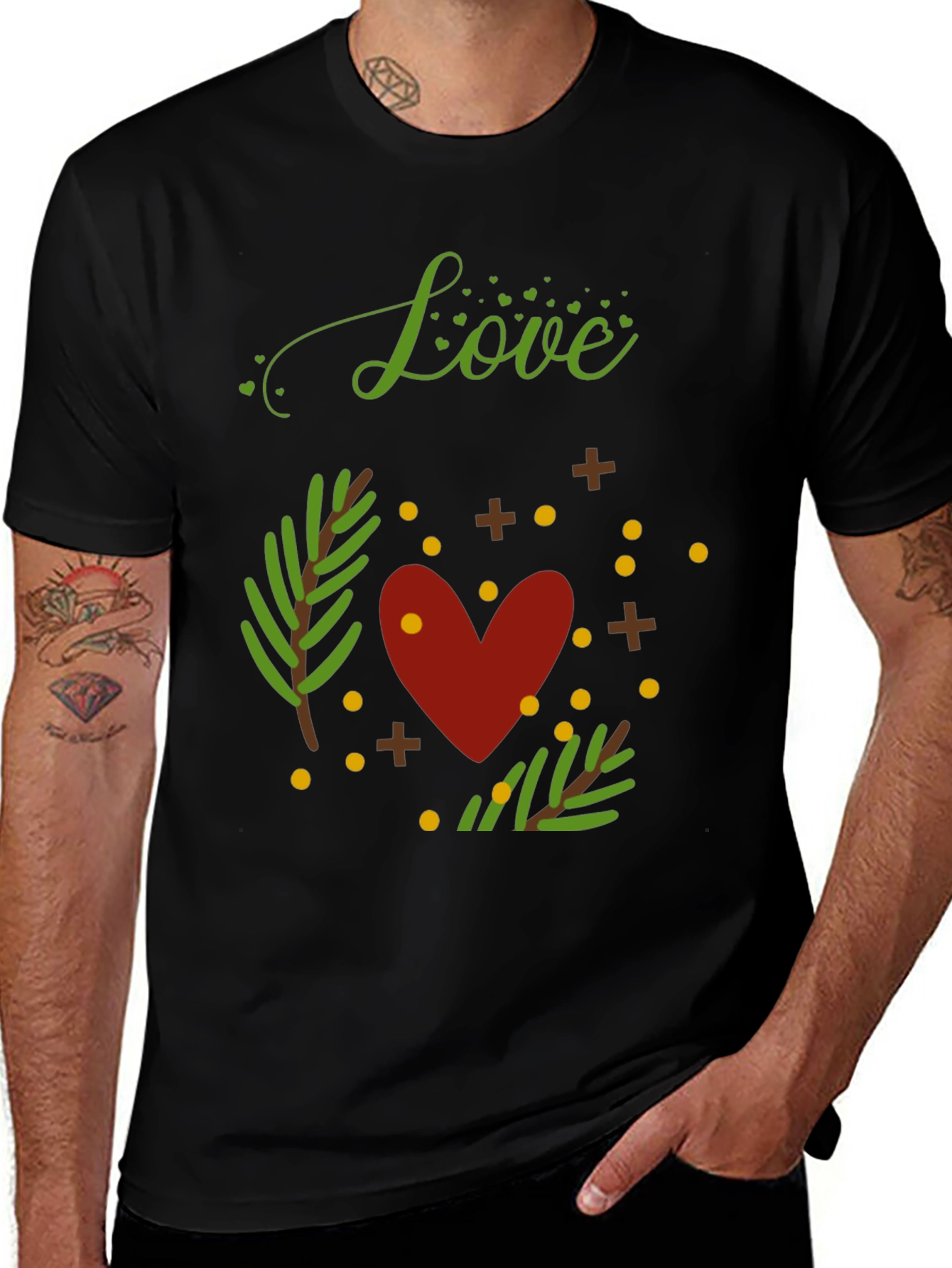 Camiseta Negra con Diseño de Amor y Naturaleza