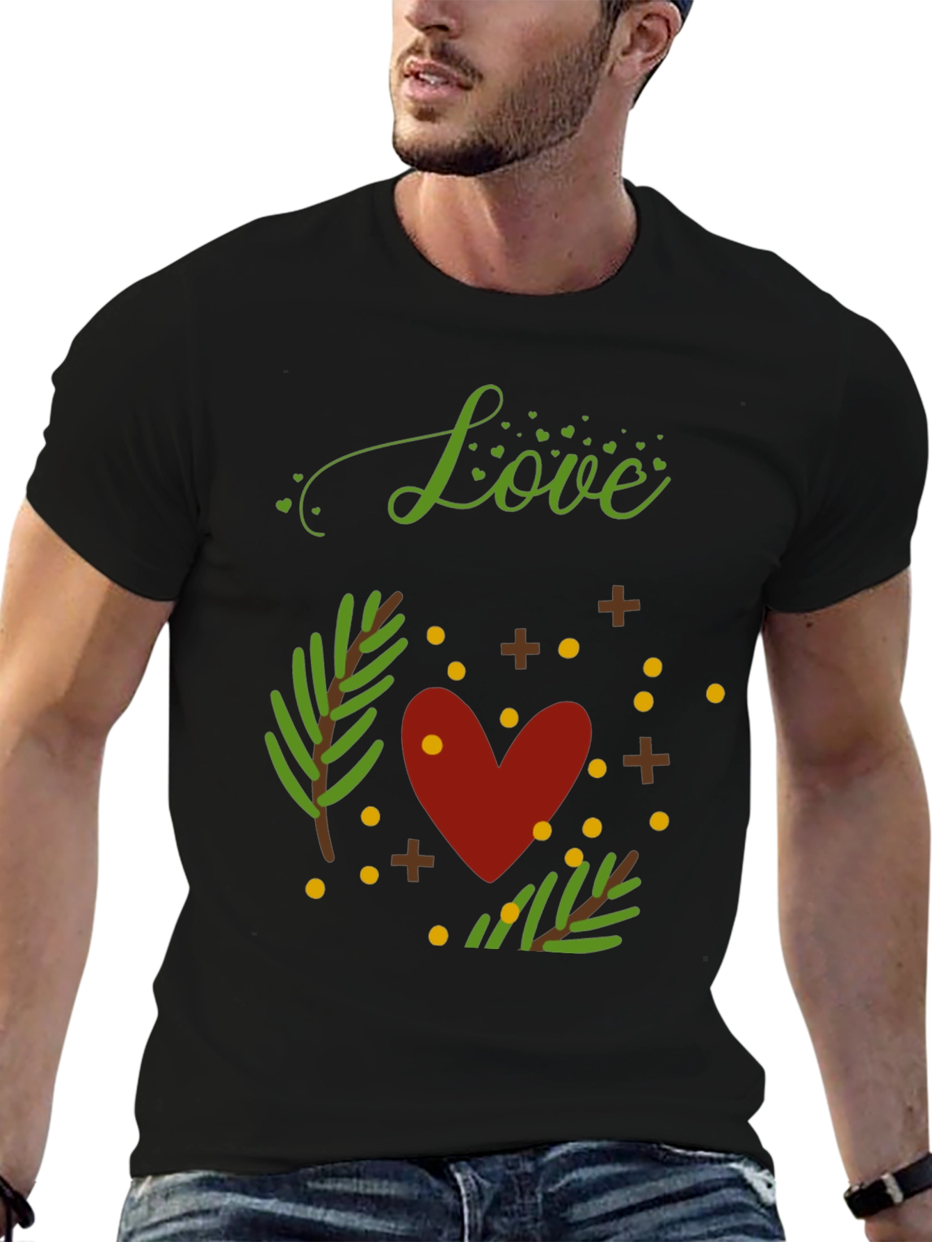 Camiseta Negra con Diseño de Amor y Naturaleza