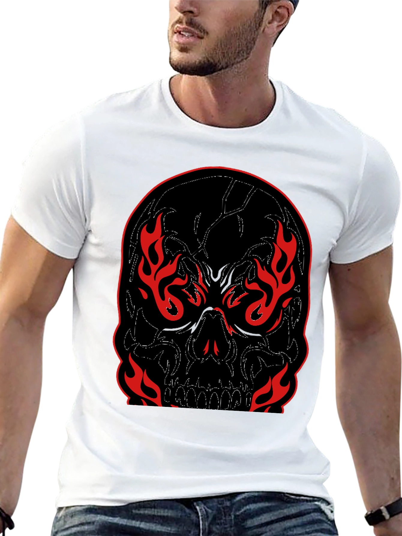 Camiseta Negra con Calavera en Llamas