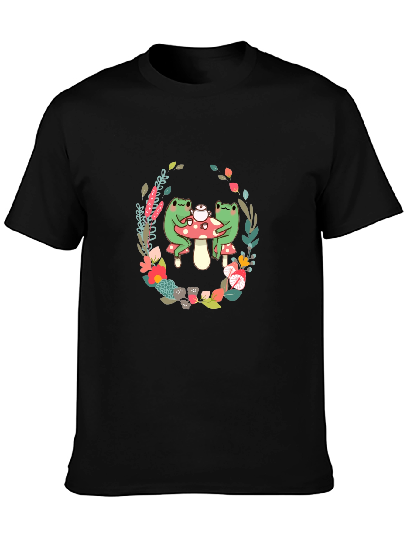 Camiseta Negra con Diseño de Ranas y Flores