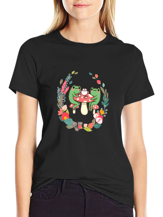 Camiseta Negra con Diseño de Ranas y Flores