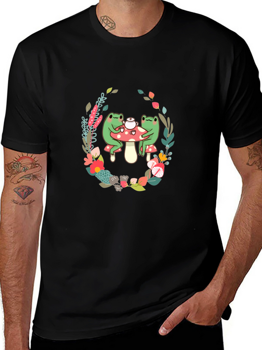 Camiseta Negra con Diseño de Ranas y Flores
