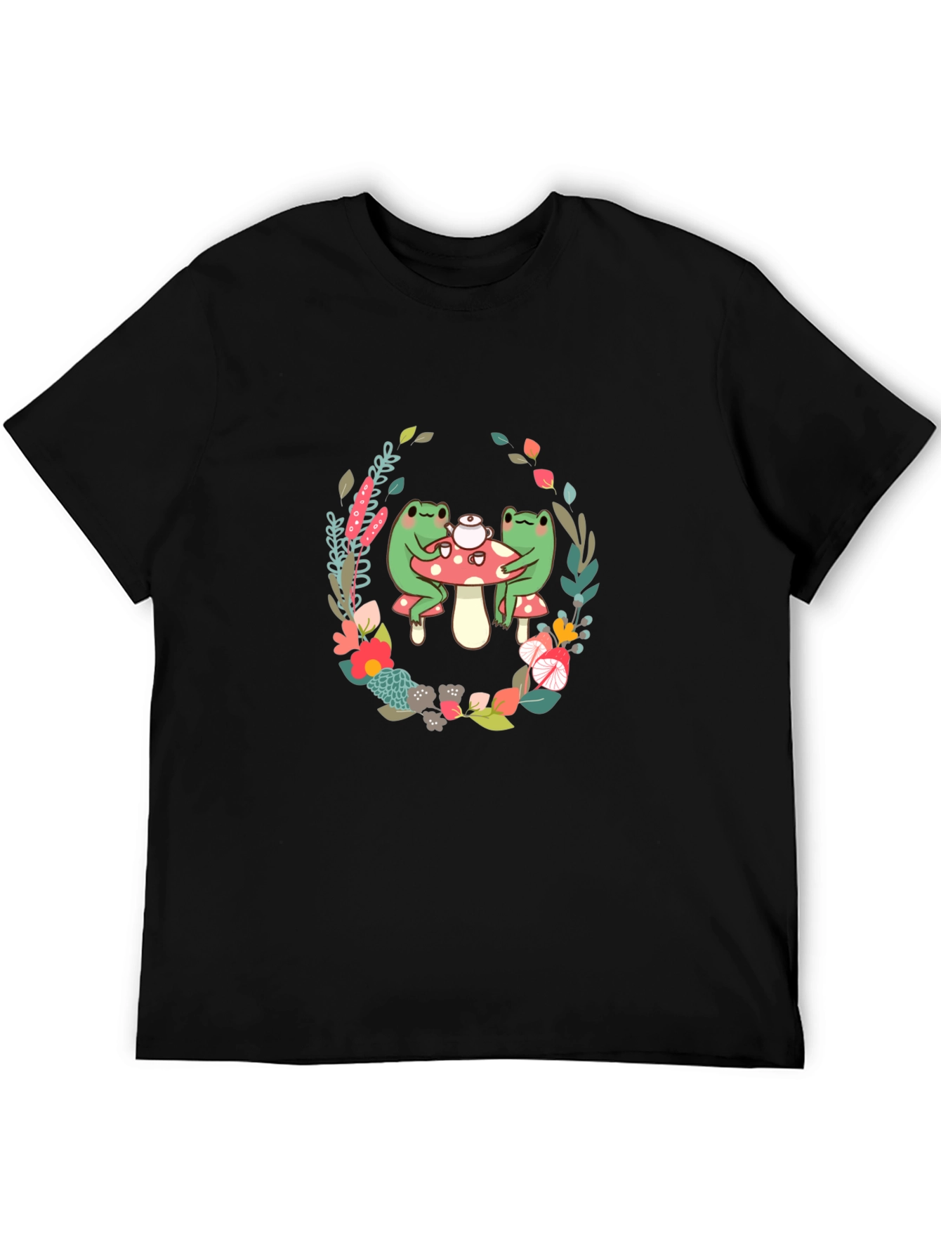 Camiseta Negra con Diseño de Ranas y Flores