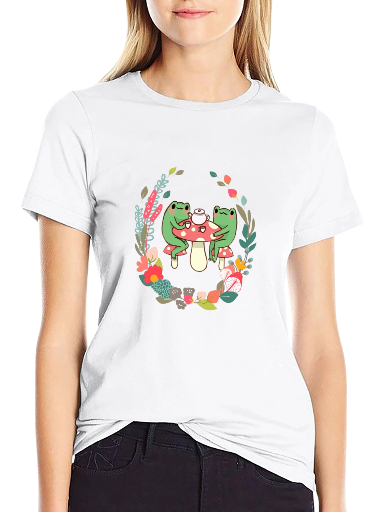 Camiseta Negra con Diseño de Ranas y Flores
