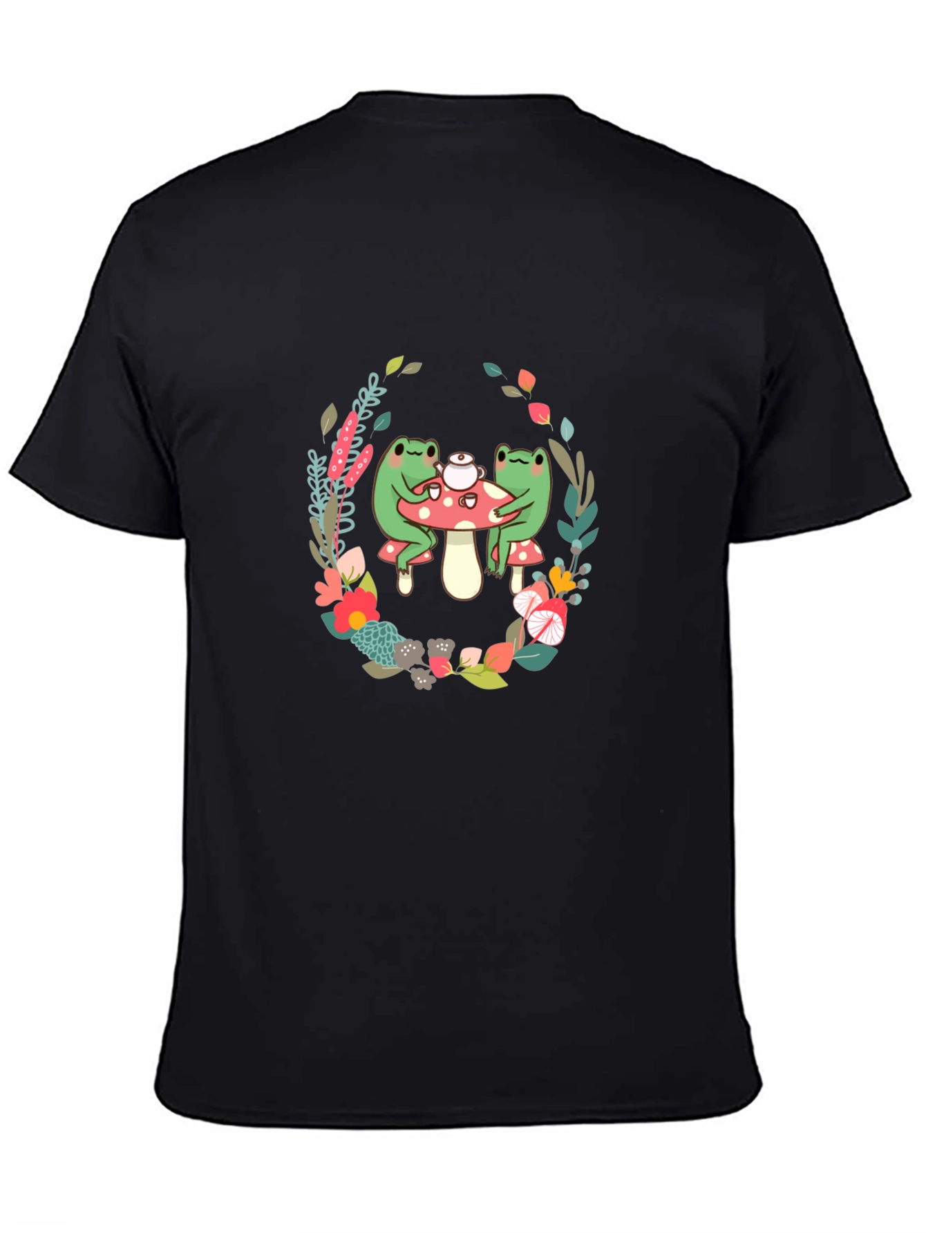Camiseta Negra con Diseño de Ranas y Flores
