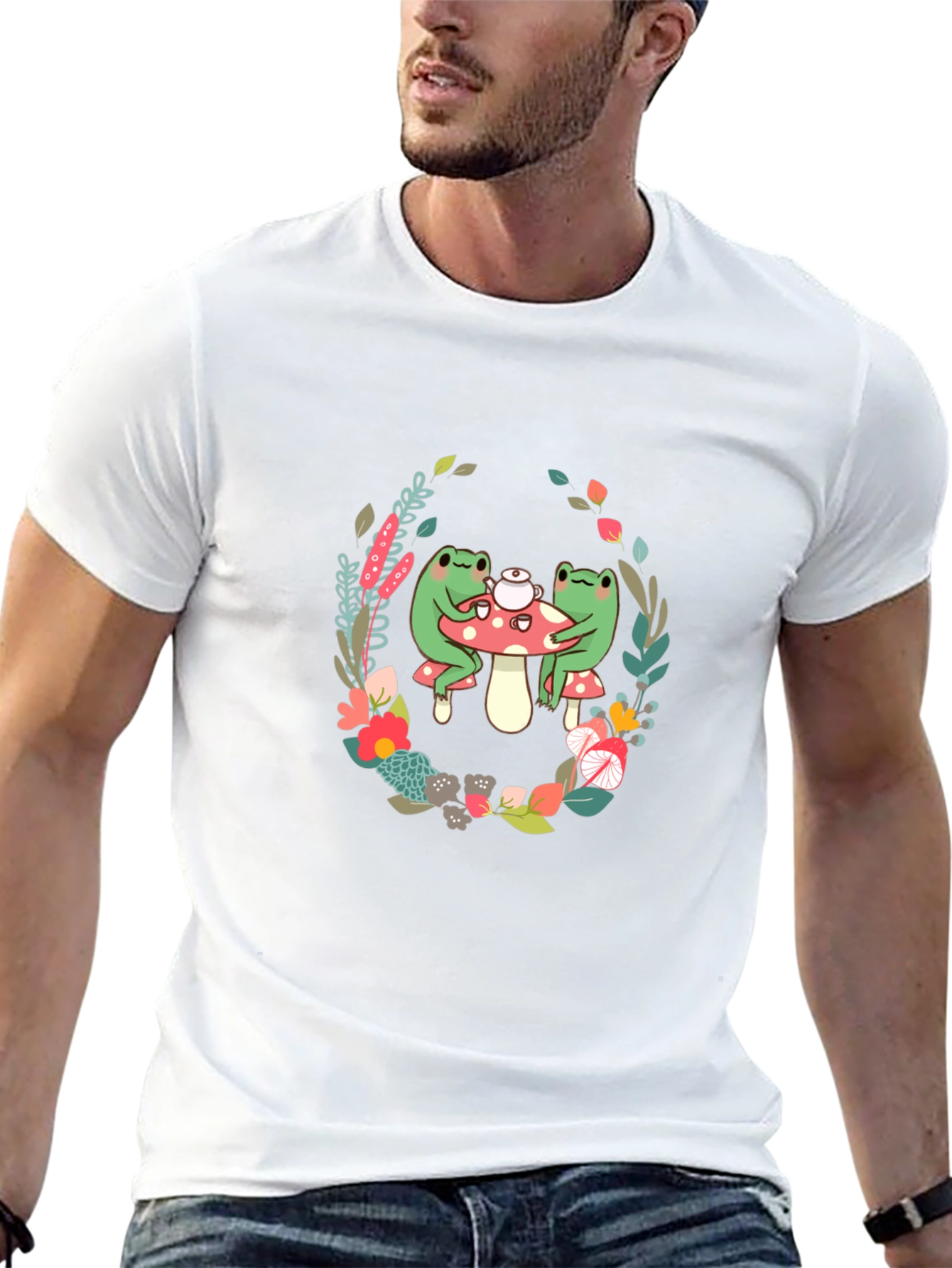 Camiseta Negra con Diseño de Ranas y Flores