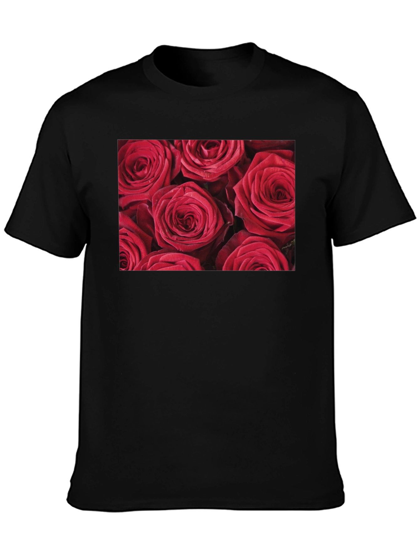 Camiseta Negra con Diseño Floral de Rosas Rojas