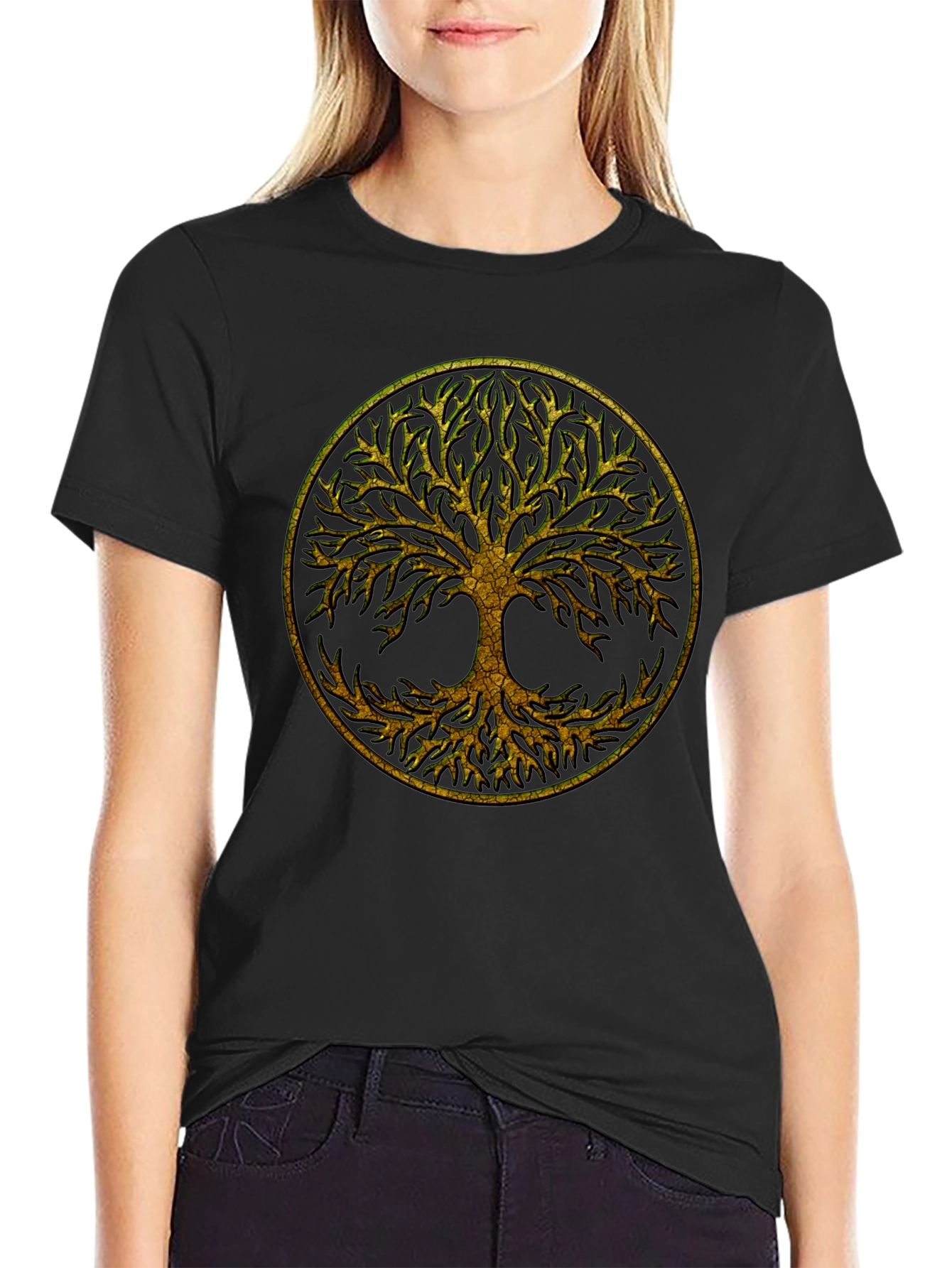 Camiseta Negra con Árbol de la Vida Dorado