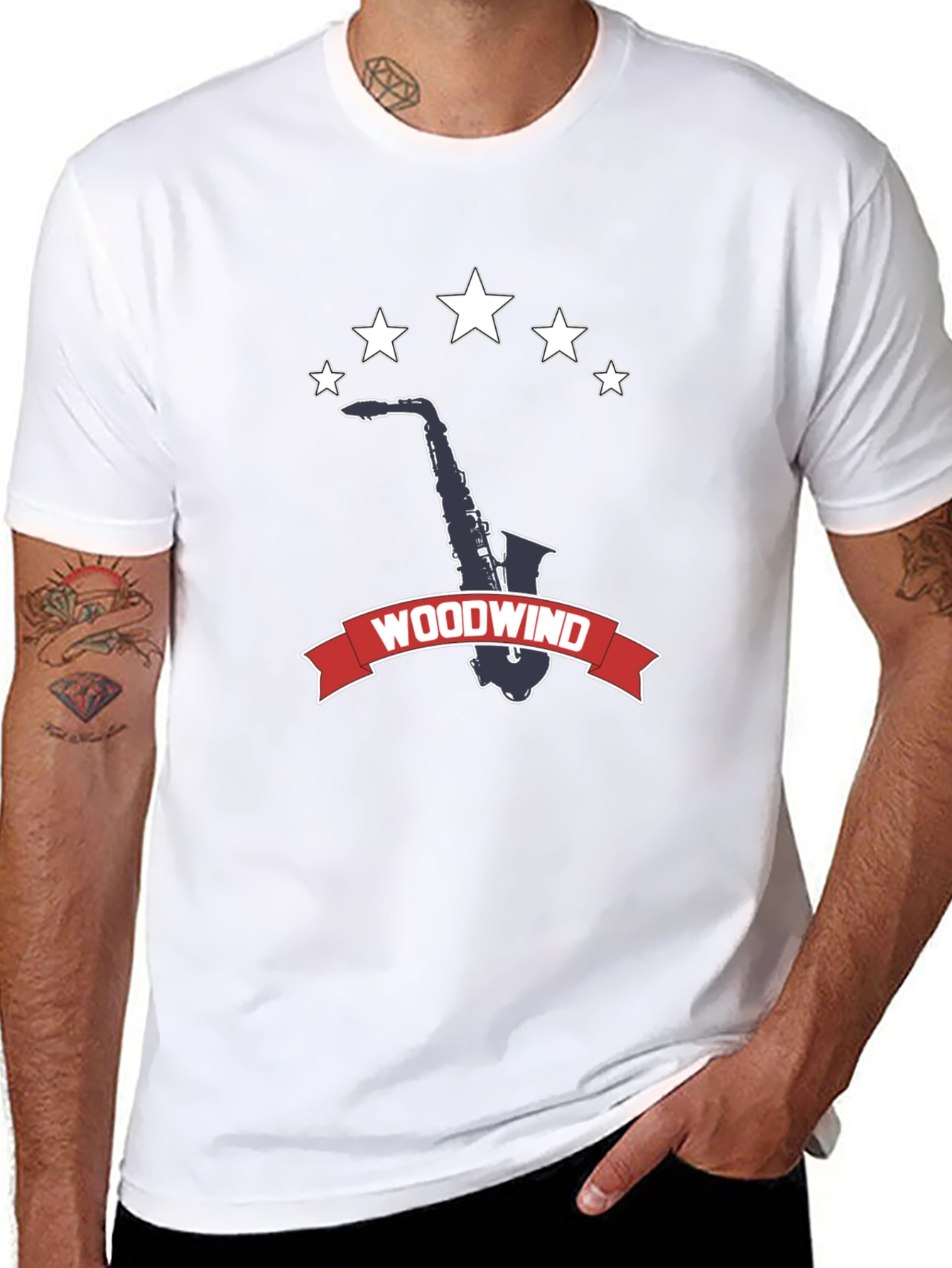 Camiseta Negra Woodwind Saxofón Estrellas