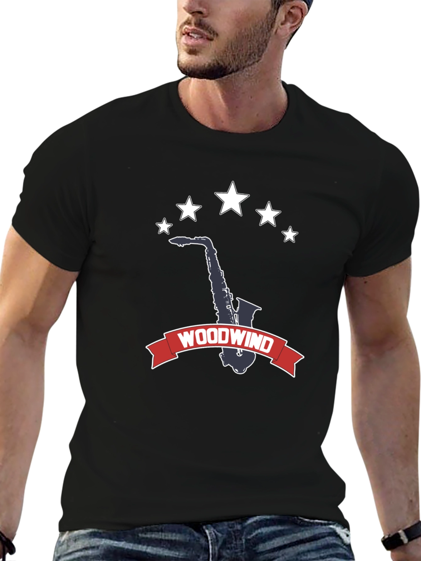 Camiseta Negra Woodwind Saxofón Estrellas