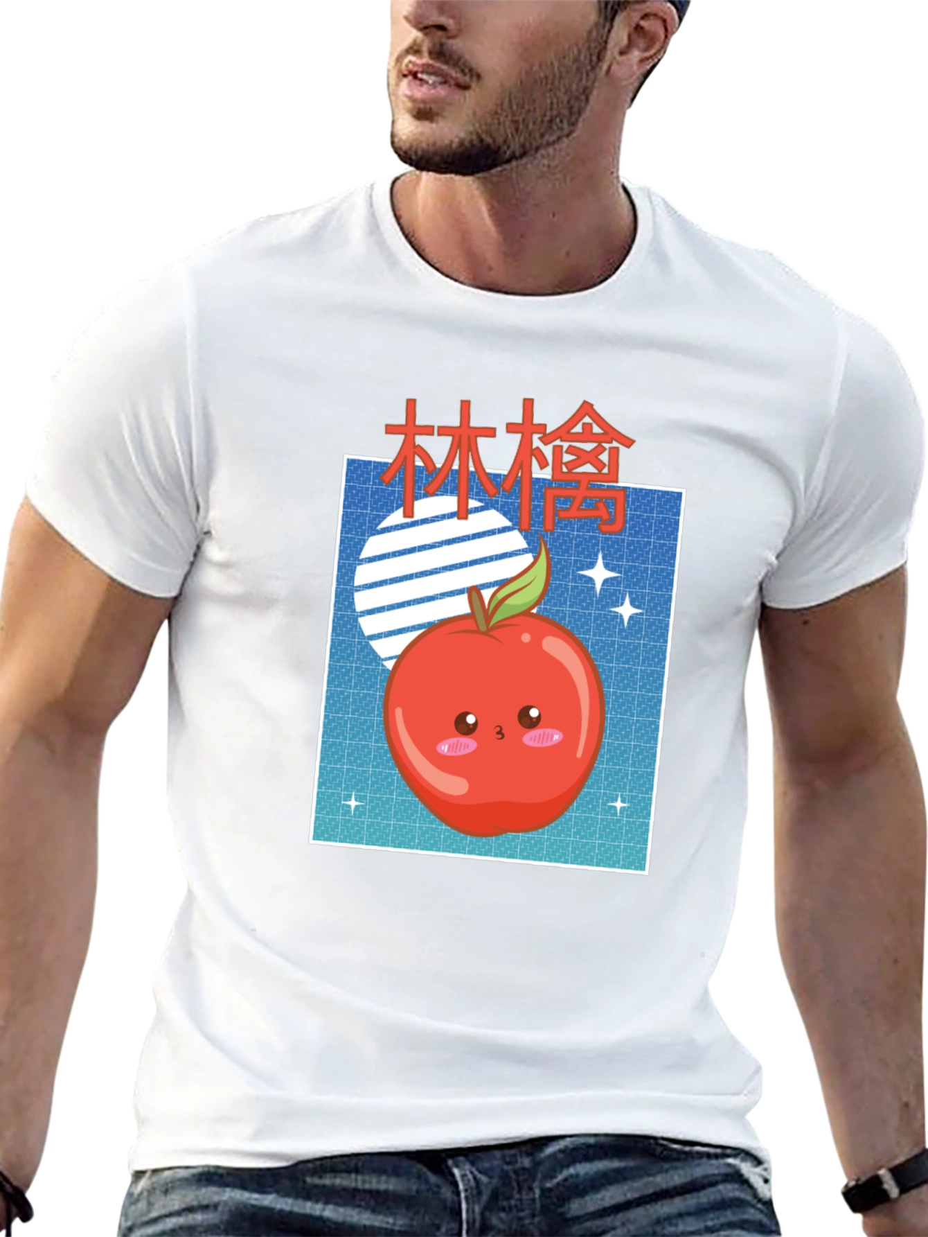 Camiseta Negra con Diseño Kawaii de Manzana