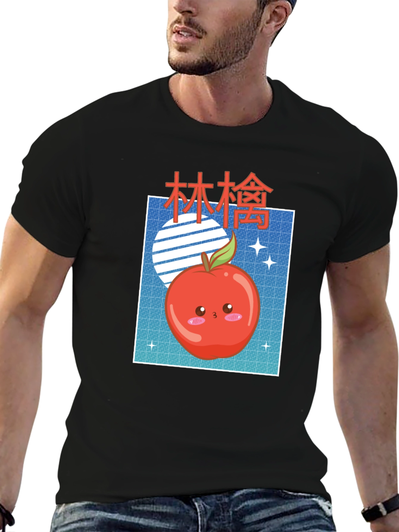 Camiseta Negra con Diseño Kawaii de Manzana