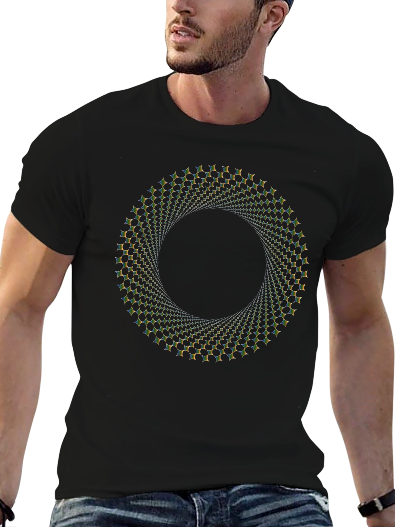 Camiseta Negra con Diseño Circular Hipnótico