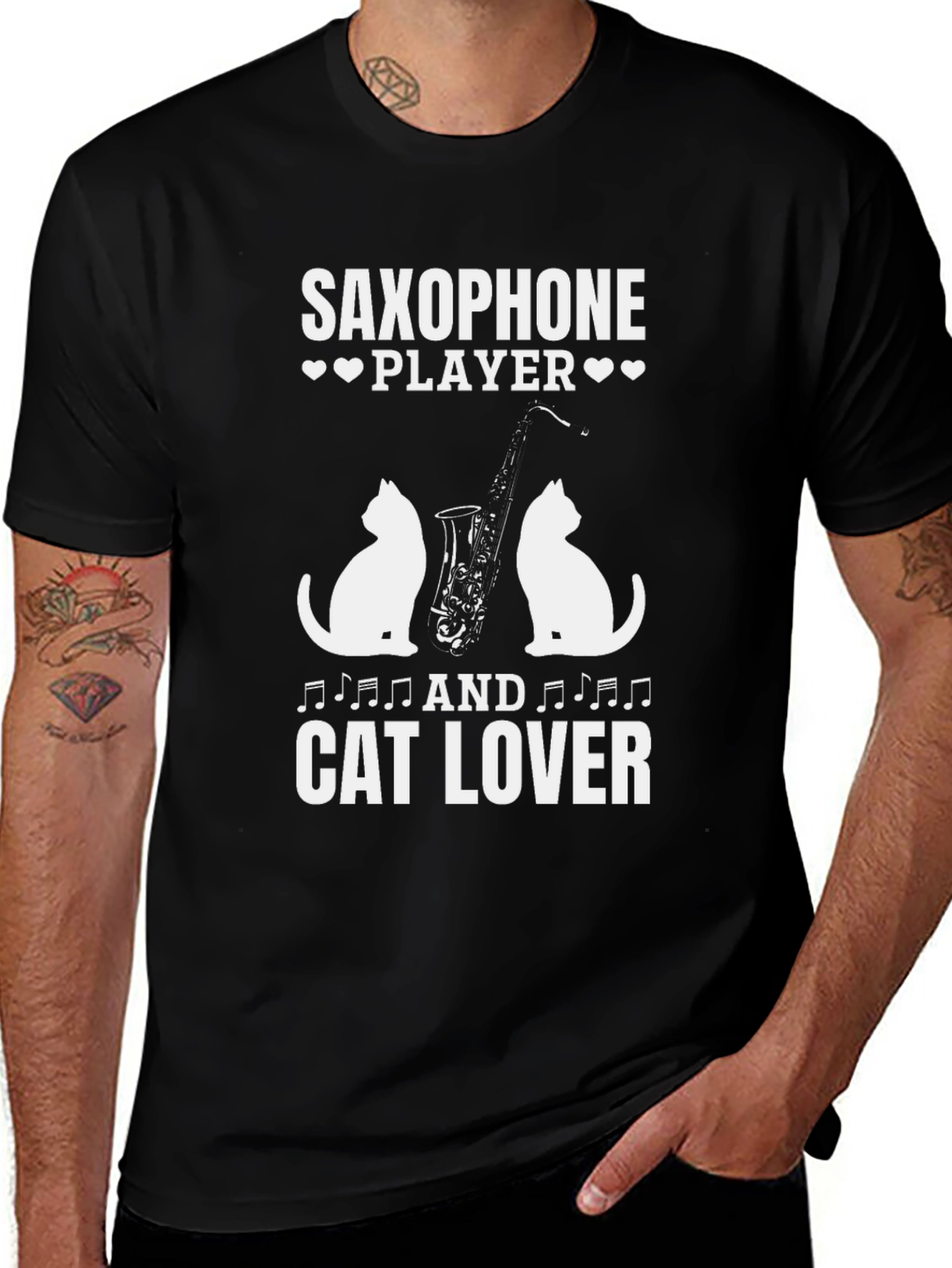 Camiseta Negra Saxofón Gatos y Música