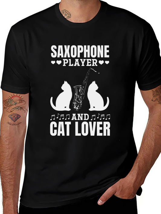 Camiseta Negra Saxofón Gatos y Música