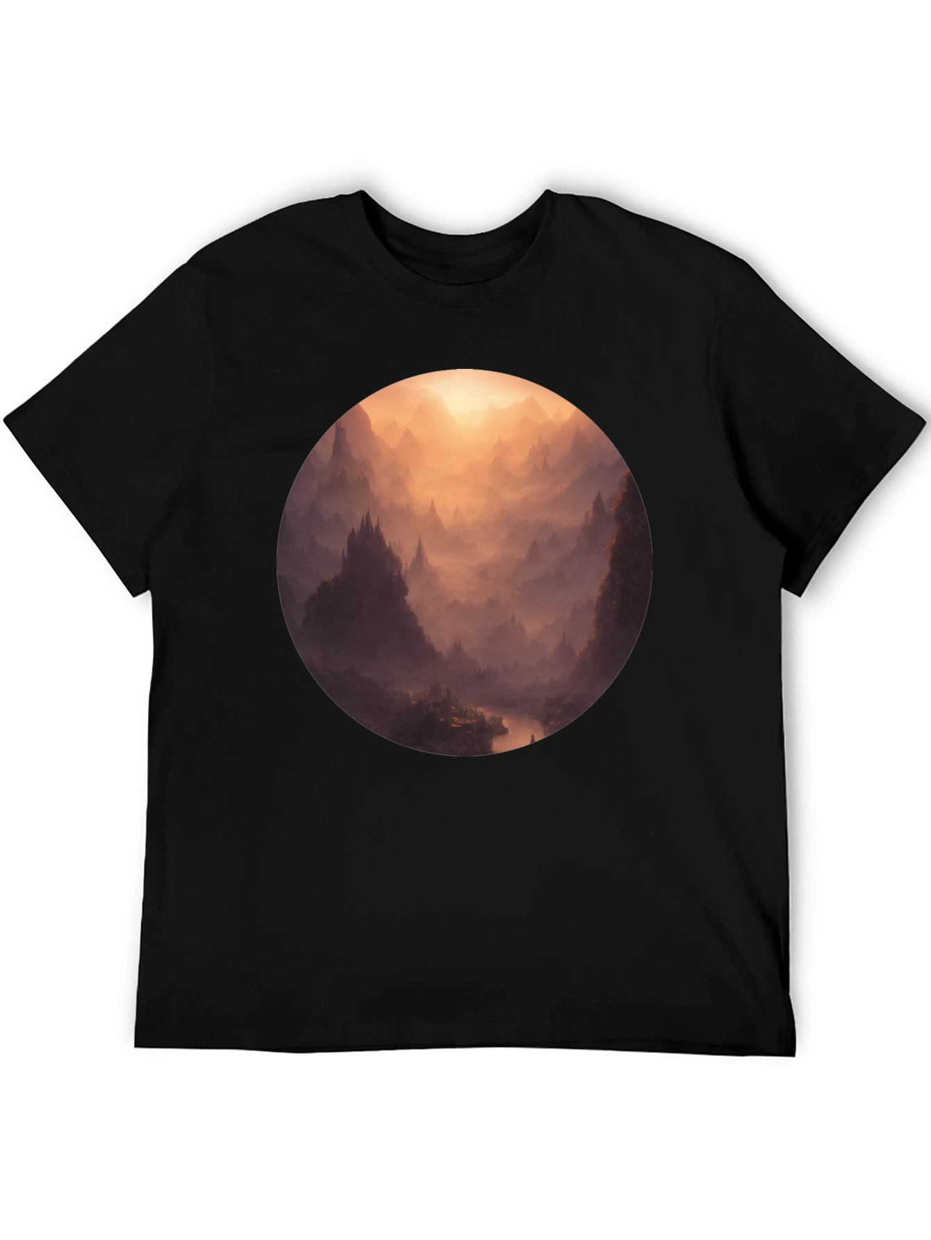 Camiseta Negra con Diseño de Paisaje Montañoso