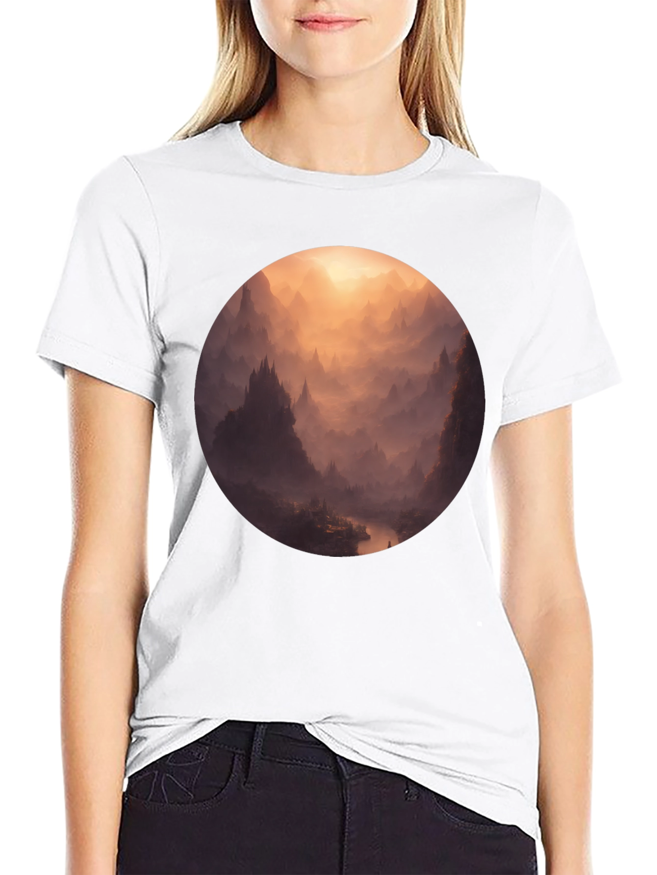 Camiseta Negra con Diseño de Paisaje Montañoso